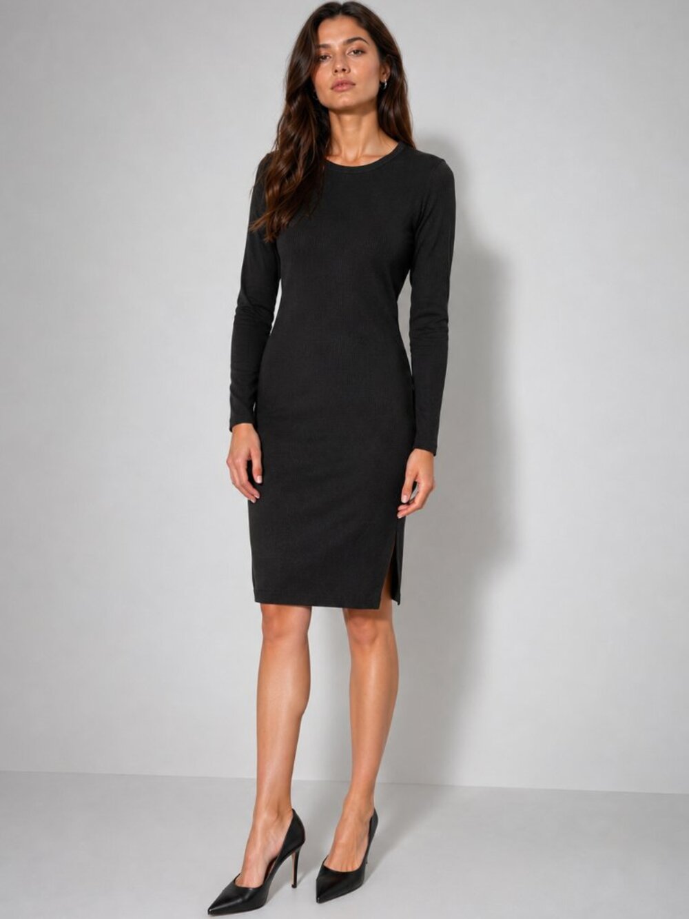 Black Ribbed Bodycon Midi Dress Long Sleeve Minimal Stretch Dress New